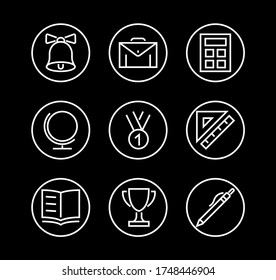 A simple set of school items. Contains icons such as student, award, geography, physical education, geometry and more. On white background. Editable stroke. 480x480.