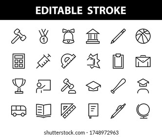 A simple set of school items. Contains icons such as student, award, geography, physical education, geometry and more. On white background. Editable stroke. 480x480.