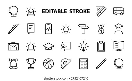 A simple set of school items. Contains icons such as student, award, geography, physical education, geometry and more. On white background. Editable stroke. 480x480.