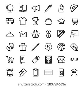 A simple set of school items. Contains icons such as student, award, geography, physical education, geometry and more. On white background. Editable stroke. 480x480.