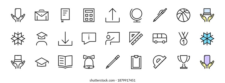 Un simple conjunto de artículos escolares. Contiene iconos como estudiante, premio, geografía, educación física, geometría y más. Sobre fondo blanco. Trazo editable. 480x480.
