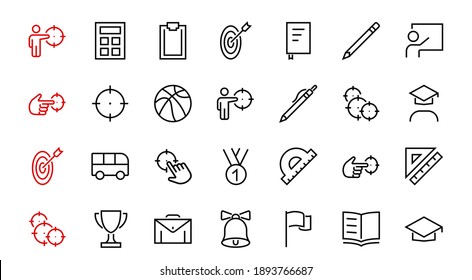 Eine einfache Reihe von Schulartikeln. Enthält Symbole wie Studierende, Auszeichnung, Geografie, Physikalische Bildung, Geometrie und mehr. Auf weißem Hintergrund. Bearbeitbarer Strich. 480 x 480.