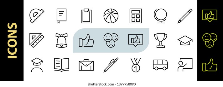 A simple set of school items. Contains icons such as student, award, geography, physical education, geometry and more. On white background. Editable stroke. 480x480.