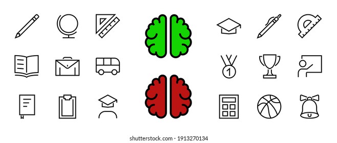 A simple set of school items. Contains icons such as student, award, geography, physical education, geometry and more. On white background. Editable stroke.