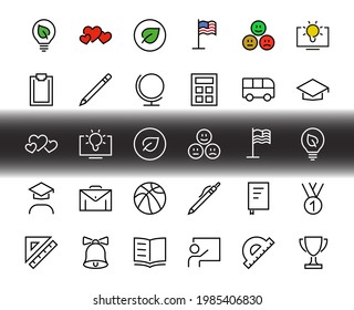 A simple set of school items. Contains icons such as student, award, geography, physical education, geometry and more. On white background. Editable stroke. 480x480.