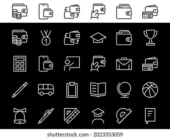 A simple set of school items. Contains icons such as student, award, geography, physical education, geometry and more. On white background. Editable stroke. 480x480.