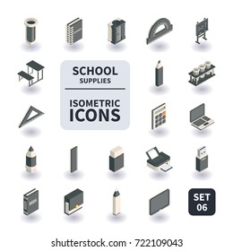 Simple Set Of School And Office Supplies Icons In Flat Isometric 3D Style. Contains Such Icons As Laptop, Pen, Printer, Briefcase And More.