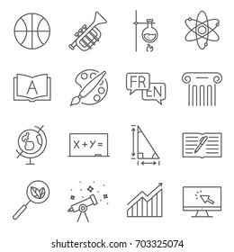 Simple Set of school subjects Related Vector Line Icons. Contains such Icons as chemistry, physics, geography, mathematics, foreign languages, geometry and more. 