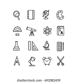 Simple Set of school supplies icons. Set of vector isolated line filled icons. Pixel Perfect. For web design and presentations, site. Back to school.