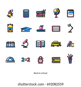Simple Set of school supplies icons. Set of vector isolated line filled icons. Pixel Perfect. For web design and presentations, site. Back to school.