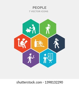 simple set of school teacher, waiter serving a drink on a tray, girl dancing, childs playing in playgrpound icons, contains such as icons man sitting and reading book, person listening, man saving