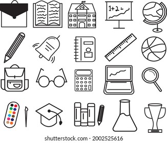 Simple Set of School-Related Vector Line Icons. Contains back-to-school icons such as bags, stationery, study books, and more.