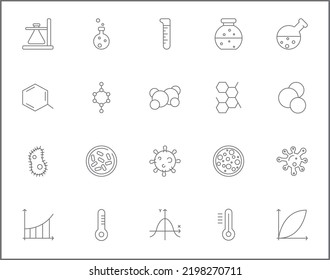 Simple Set of science Related Vector Line Icons. 
Contains such Icons as atom, molecule, laboratory, planet, physics, experiment, microscope, chemical and more.