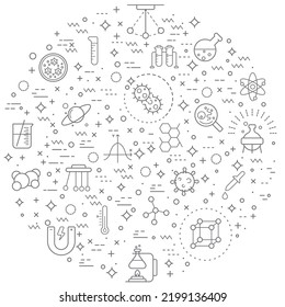 Simple Set of science Related Vector Line Illustration. 
Contains such Icons as atom, molecule, laboratory, planet, physics, experiment, microscope, chemical and Other Elements.