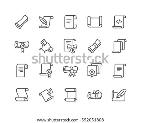 Simple Set of Scrolls and Papers Related Vector Line Icons. 
Contains such Icons as Education Diploma, Magic Paper, Code Listing and more.
Editable Stroke. 48x48 Pixel Perfect.