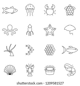 Simple Set of Sea Food Related Vector Line Icons. Contains such Icons as Shrimp, Oyster, Squid, Crab and more.