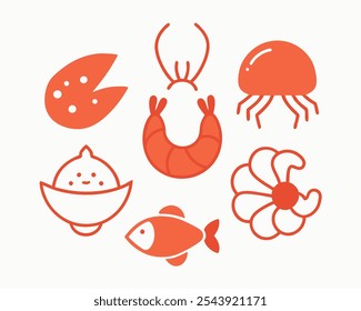 Conjunto Simples de Sea Food Relacionado Ícones de Linha Vetorial. Contém ícones como camarão, ostra, lula, caranguejo e mais vetor e fundo branco.