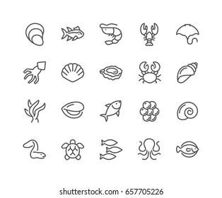 Simple Set Sea Food Related Vector Line Icons  
Contains such Icons as Shrimp  Oyster  Squid  Crab   more 
Editable Stroke  48x48 Pixel Perfect 
