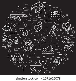 Simple Set of sea life and ocean Related Vector Line Illustration. Contains such Icons as Nautical Creatures, sea, ocean and more. Modern style line drawing and background color black. 