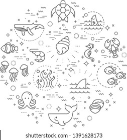 Simple Set of sea life and ocean Related Vector Line Illustration. Contains such Icons as Nautical Creatures, sea, ocean and more. Modern style line drawing and background color white. 