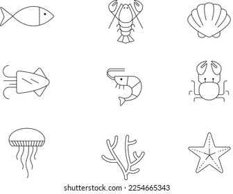 Simple Set of Sea life Vector Line Icons on white background