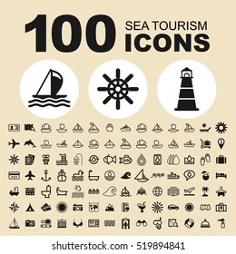 Simple Set Of Sea Tourism Related Vector Icons. Contains such Icons as Sea, Beach, Summer, Travel, Boat, Ship, Hotel, Service, Hotel, Plane, Suitcase, Tour, Holiday, Bag, Swimming and more.