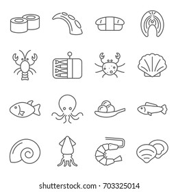 Simple Set of seafood Related Vector Line Icons. Contains such Icons as squid, crab, sushi, sprats, lobster, fish and more. 