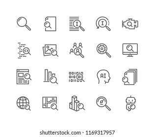 Simple Set of Search Related Vector Line Icons. Contains such Icons as Reverse Indexation, Search Bot, Artificial Intelligence and more. Editable Stroke. 48x48 Pixel Perfect.