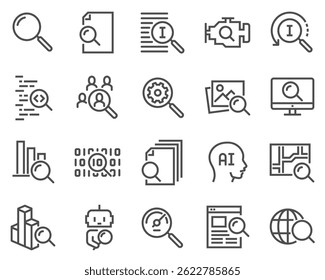 Simple Set of Search Related Vector Line Icons. Contains such Icons as Reverse Indexation, Search Bot, Artificial Intelligence and more