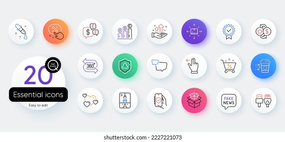 Simple set of Security app, Computer cables and Loyalty points line icons. Include Shield, 360 degree, Cardboard box icons. Certificate, Discount button, Analysis graph web elements. Vector