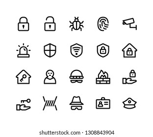 Simple Set of Security Related Vector Line Icons. Contains such Icons as lock, unlock, bug, finger print and More. pixel perfect vector icons based on 32px grid. Editable Strokes