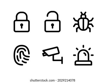 Simple Set of Security Related Vector Line Icons. Contains Icons as Lock, Unlock, Bug, Finger Print and more.