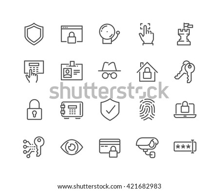 Simple Set of Security Related Vector Line Icons. 
Contains such Icons as Finger Print, Electronic key, Spy, Password, Alarm and more. 
Editable Stroke. 48x48 Pixel Perfect. 
