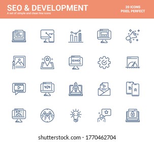 Einfache Set von Symbolen für Seo und Development Line. Arbeitsplatz, Entwicklung, Webdesign, Programmierung usw. Bearbeitbare Vektorsymbole