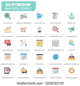 Simple Set of SEO Optimization Related Vector Flat Icons. Contains such Icons as Active Search, Video Marketing, Creative Services, Page Speed and more. Editable Stroke. 48x48 Pixel Perfect.