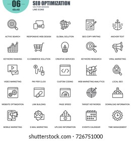 Simple Set of SEO Optimization Related Vector Line Icons. Contains such Icons as Active Search, Video Marketing, Creative Services, Page Speed and more. Editable Stroke. 48x48 Pixel Perfect.