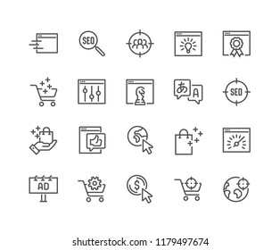 Simple Set of SEO Related Vector Line Icons. Contains such Icons as Target Audience, Increase Sales, Web-site Performance and more. Editable Stroke. 48x48 Pixel Perfect.