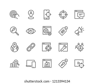 Simple Set of SEO Related Vector Line Icons. Contains such Icons as Target, Watch List, Website Stats and more.
Editable Stroke. 48x48 Pixel Perfect.