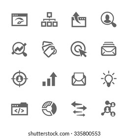 Simple Set of SEO Related Vector Icons. Contains such icons as mailing, target audience, tags, ideas, statistics, optimisation and more. Modern vector pictogram collection.