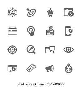 Conjunto simples de ícones vetoriais relacionados SEO. Contém ícones como Aumentar Vendas, Otimização do Site, Rede Social e muito mais.