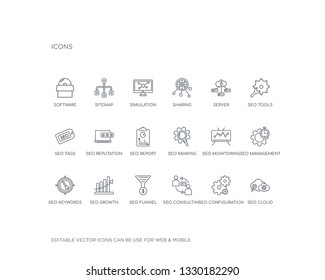 simple set of seo vector line icons. contains such icons as seo cloud, seo configuration, consulting, funnel, growth, keywords, management, monitoring, ranking and more. editable pixel perfect.