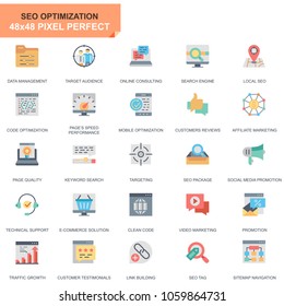Simple Set Seo and Web Optimization Flat Icons for Website and Mobile Apps. Contains such Icons as Target, Marketing, Traffic Growth. 48x48 Pixel Perfect. Editable Stroke. Vector illustration.