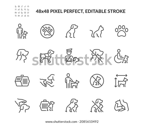Simple Set of Service Pet Related Vector Line\
Icons. Contains such Icons as Emotional Support Dog, Restriction\
Sign, Pet Transportation Pictogram and more. Editable Stroke. 48x48\
Pixel Perfect.