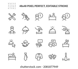 Einfache Set von Service-bezogenen Vektorgrafik-Symbolen. 
Enthält Symbole wie Technischer Support, Service Bell, Fünf-Sterne-Bewertung und mehr. Bearbeitbarer Stroke. 48x48 Pixel perfekt.