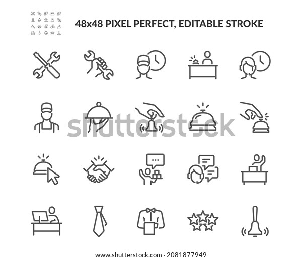 Simple Set of\
Service Related Vector Line Icons. \
Contains such Icons as\
Technical Support, Service Bell, Five Star Rating and more.\
Editable Stroke. 48x48 Pixel\
Perfect.
