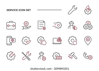 einfache Reihe von Service-Vektorsymbols mit bearbeitbaren Linienstilen für Werkzeuge, Getriebe, Hammer und andere. einzeln auf weißem Hintergrund. 