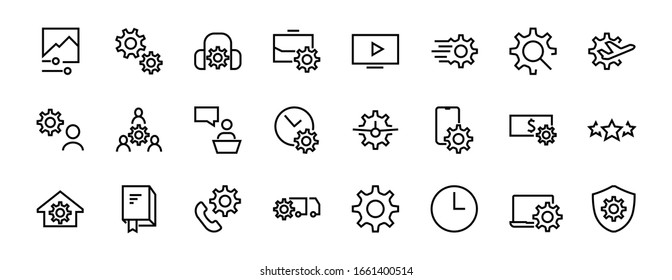 A simple set of settings and options related to Vector Line Icons. Contains icons such as set time, business, phone, and more. Editable Stroke.. 480x480.