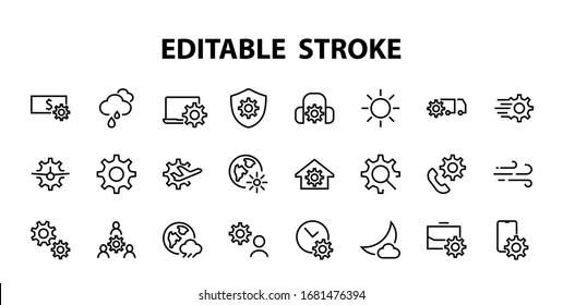  Un conjunto simple de ajustes y opciones relacionadas con los iconos de línea vectorial. Contiene iconos como el tiempo establecido, el negocio, el teléfono y más. Trazo editable... 480x480.