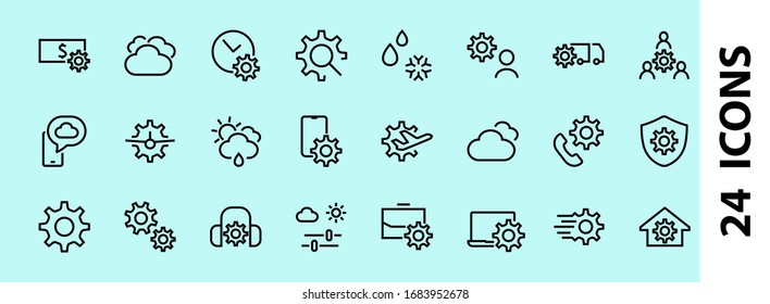 Un conjunto simple de ajustes y opciones relacionadas con los iconos de línea vectorial. Contiene iconos como el tiempo establecido, el negocio, el teléfono y más. Trazo editable... 480x480.