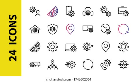 Un conjunto simple de opciones y ajustes relacionados con los iconos de línea vectorial. Contiene iconos como tiempo de configuración, negocios, teléfono y más. Stroke editable. 480x480.